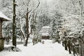 Authentic ukrainian village with wooden huts and fences in winter.