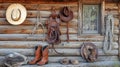 Authentic western life rustic cabin display with hanging hat, spurs, saddle, and reywelt boots Royalty Free Stock Photo