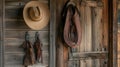 Authentic western life rustic cabin with hanging hat, spurs, saddle, and reywelt boots display Royalty Free Stock Photo