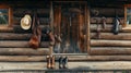 Authentic western life a rustic cabin scene with hat, spurs, saddle, and reywelt boots Royalty Free Stock Photo