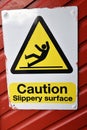 Authentic yellow black and white sign for caution slippery surface Royalty Free Stock Photo
