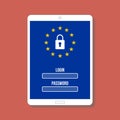 authentication page on digital tablet screen with gdpr protection sign