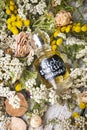 Author perfume bottles around yellow flowers at  wooden old style background . flat lay. perfumery concept Royalty Free Stock Photo