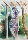 The author\'s drawing of the statue of Flora in the garden in watercolor.