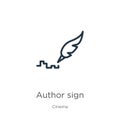 Author sign icon. Thin linear author sign outline icon isolated on white background from cinema collection. Line vector sign,