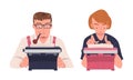 Authors Typing On Manual Retro Typewriters. Man And Woman Journalist Writing Article On Vintage Typewriter Cartoon
