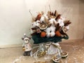 Autiful festive Christmas composition, cotton, cinnamon, lime in a box. Natural and organic Christmas decoration in box. Stylish