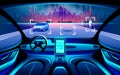 Autinomous smart car inerior. Self driving at night city landscape. Display shows information about the vehicle is moving, GPS, tr Royalty Free Stock Photo