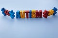 Autism awareness concept with puzzle and word autism on blue background. Royalty Free Stock Photo