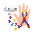 Autism awareness day card with hand puzzle shape ribbon