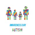 Autism awareness day. Family, mom, dad, children.  Puzzle Pieces. White background Royalty Free Stock Photo