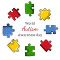 Autism awareness day with frame made of colored bright jigsaw puzzle pieces on white background. Hand drawn vector sketch Royalty Free Stock Photo