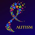 Autism awareness poster with multicoloured puzzled ribbon