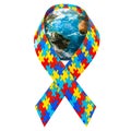 Autism Awareness Ribbon with Earth Globe, 3D rendering Royalty Free Stock Photo