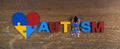 Autism awareness. Autism awareness ribbon, heart and word autism on wooden background background. Royalty Free Stock Photo