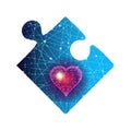 Autism awareness vector illustration. Glowing blue jigsaw puzzle piece and red heart