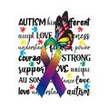 Autism awareness vector illustration. Rainbow ribbon and butterfly over supportive autism words