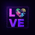 Autism awareness vector illustration. Word Love with heart made of 4 glowing colorful puzzle pieces Royalty Free Stock Photo