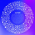 Autism concept in circle, symptoms and adaptive skills thin line icons: repetitive behavior, stereotypy, ignoring of danger,