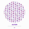 Autism concept in circle, symptoms and adaptive skills thin line icons: repetitive behavior, stereotypy, ignoring of danger,