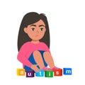 Autism concept. Girl feeling lonely. Sad boy sitting on floor surrounded by cubes toys with word autism. Vector illustration