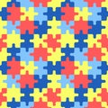 Autism puzzles pattern. Seamless background with colorful yellow, blue and red puzzle pieces. World Autism Awareness Day April 2. Royalty Free Stock Photo