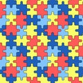 Autism puzzles pattern. Seamless background with outline colorful yellow, blue and red puzzle pieces. World Autism Awareness Day Royalty Free Stock Photo