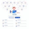 Autism symptoms and adaptive skills: child is crying in hysterics. Web page template with thin line icons: repetitive behavior,