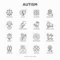 Autism symptoms and adaptive skills thin line icons set: repetitive behavior, stereotypy, ignoring of danger, autoaggression,