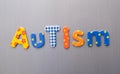 Autism word spelled out in bright colorful patterened letters on brushed metal background Royalty Free Stock Photo