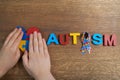 Autistic boy hands holding heart shapeed puzzle with word autism and awarennes ribbon on wooden background. Autism Royalty Free Stock Photo