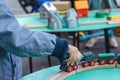 Autistic kid play alone with train toys