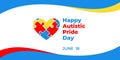 Autistic pride day. Vector web banner for social media, poster, card, flyer. Text Happy autistic pride day, June 18. Illustration
