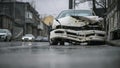 Auto accident on the street. A car damaged after a severe accident stands on a city street.