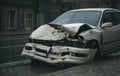 Auto accident on the street. A car damaged after a severe accident stands on a city street