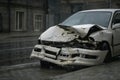 Auto accident on the street. A car damaged after a severe accident stands on a city street.