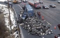 Auto accident truck overturned spilling its contents