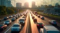 Auto on busy intercity freeway. Paramedic car in traffic jam on highway during rush hour. Transportation concept and transport in