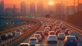 Auto on busy intercity freeway. Paramedic car in traffic jam on highway during rush hour. Transportation concept and transport in