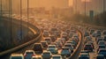 Auto on busy intercity freeway. Paramedic car in traffic jam on highway during rush hour. Transportation concept and transport in