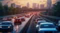 Auto on busy intercity freeway. Paramedic car in traffic jam on highway during rush hour. Transportation concept and transport in