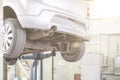 the auto car in srvice to fix and repair some problems, bottom of the vehicle Royalty Free Stock Photo