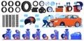 Auto car tire production vector illustrations, cartoon flat automotive industry set with car wheel tyre products, track