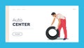 Auto Center Landing Page Template. Man in Red Uniform Holding Tire for Mount or Change. Service Station Mechanic Staff