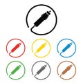 Auto connector signs set, on colored circles, on white. A set of coloured 8 icon. Flat design illustration.12 V cigarette Royalty Free Stock Photo