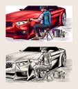 Auto detailing. Dry cleaning motor. Man washing and polishing car. Vehicle service or Automobile center. Hand drawn