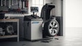 Auto garage featuring a wheel balancing machine with a digital display Royalty Free Stock Photo
