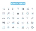 Auto garage linear icons set. Repair, Maintenance, Mechanic, Service, Tune-up, Oil, Brake line vector and concept signs