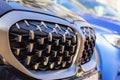 auto grill as background. Grid of black sports car, metal texture. outdoors, sunny day Royalty Free Stock Photo