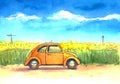 Auto, illustration, watercolor, sky, field